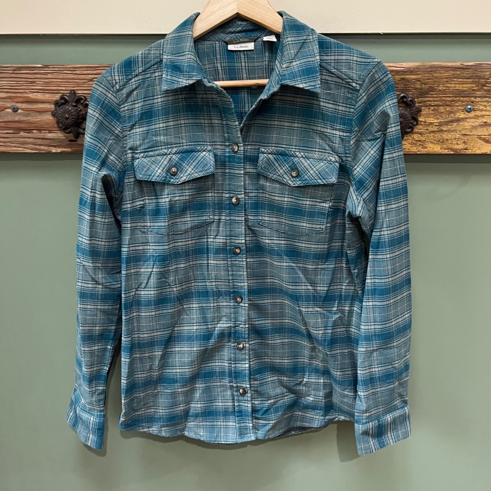 LL Bean Womens Teal Blue Plaid Button Down Shirt Sorona Blend 296749 Size S